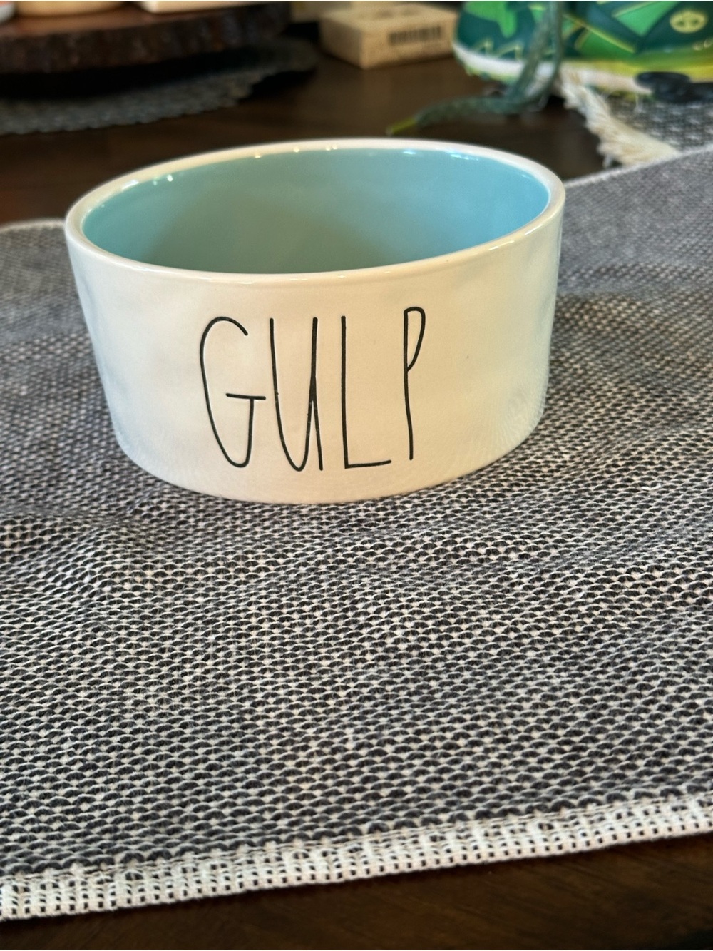 Rae Dunn White Ceramic 'GULP' Bowl with Aqua Interior